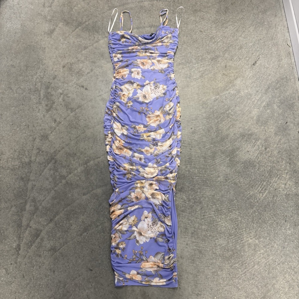 Women's Lulu's Purple Mesh Ruched Midi Dress Lavender White Floral SZ Medium
